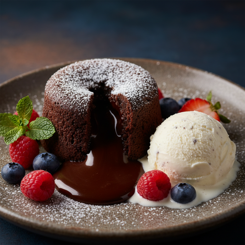 A decadent molten chocolate lava cake with vanilla ice cream and fresh berries